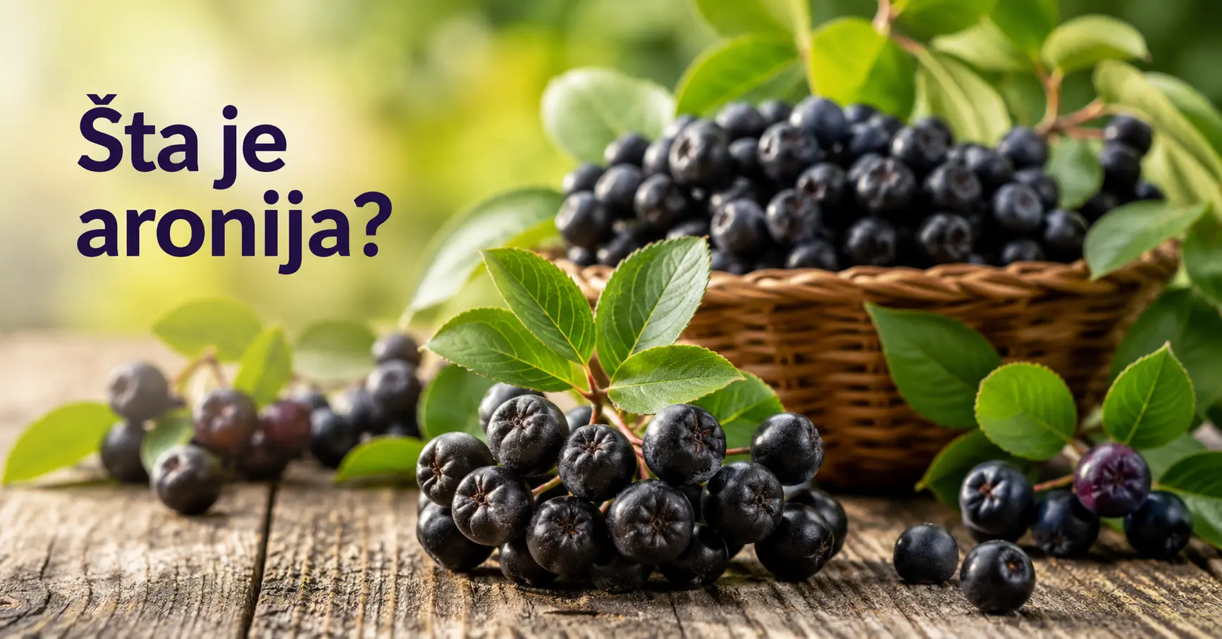 Plodovi aronije u pletenoj korpi i na drvenoj podlozi, sa zelenim listovima